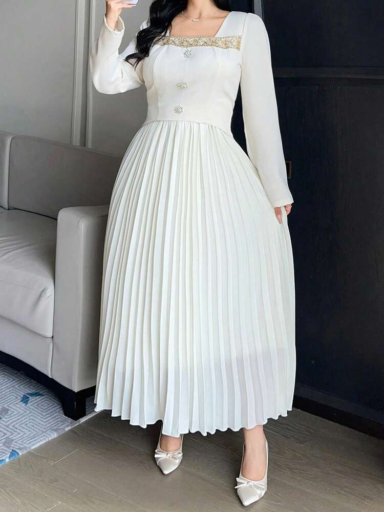 Dazy Plus Elegant Rhinestone Square Collar Pleated Midi Dress With Puff Sleeves, Suitable For Spring, Summer, Autumn, Party & Date, Plus Size Sun Dresses For Women