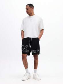 SUMWON Men's Drawstring Casual Shorts With Cursive Script Print Black Loose Fit Summer Beach Vacation Wear Comfortable Elastic Waist - Black - View 3