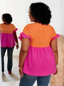 BrightlyHer Blusa holgada de cuello redondo con contraste de color para mujer de talla grande, casual de campo para vacaciones, simple y de moda para uso diario, blusas de verano para mujer, verano para mujer, vacaciones - Multicolor - Ver 2