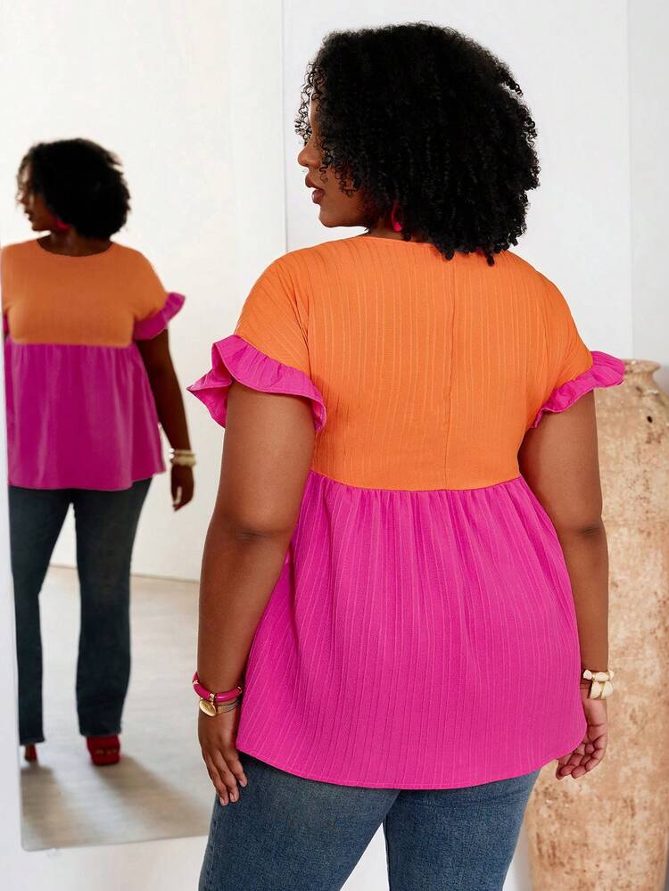 Plus Size Women Contrast Color Round Neck Loose Fit Smock Blouse,Country Casual Vacation Woman,Simple And Fashionable For Everyday Wear,Summer Tops Women,Summer For Women,Vacay