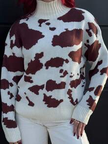 Bearsaez Novo suéter marrom de outono, roupas femininas, outono, casual, gola alta, textura de leite, suéter com estampa de vaca, outono/inverno, suéter marrom feminino, suéter de inverno, suéter de outono, blusa com estampa de leopardo - Multicolorido - Ver 6
