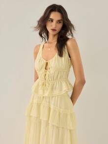 Gaivellea Women's Spring/Summer French Elegant Romantic Outfit, Pale Yellow Tie-Front Shirt And Loose Ruffled Maxi Skirt 2-Piece Set, Suitable For Outings And Dates - Light Yellow - View 4