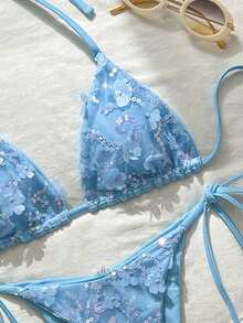Costavie Bộ bikini hai mảnh Swim MOD họa tiết hoa đính sequin, màu xanh dương, thích hợp cho kỳ nghỉ xuân/hè ở bãi biển. Bộ bikini kiểu Brazil, bộ bikini phong cách Boho, bộ bikini móc len, bộ bikini buộc dây, bộ đồ hai mảnh cho nữ, đồ bơi, bộ trang phục đi nghỉ mát cho nữ, bộ bikini nữ, bộ đồ bơi nữ, bộ đồ hai mảnh mùa hè cho nữ. - Màu xanh lam - Xem 3