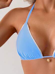 Swim Vcay Bộ bikini hai mảnh gợi cảm dành cho nữ, viền ren, cổ yếm buộc dây. - Màu xanh nhạt - Xem 5