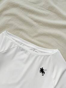 SHEIN Tween Girls White Asymmetrical Shoulder Embroidered Decorative Fitted Short Sleeve T-Shirt, Summer - White - View 3