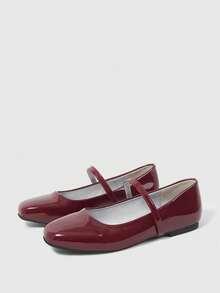 Sleekvia Women's Square Toe Slip-On Shoes, Burgundy PU Mary Jane Shoes For Commuting - Burgundy - View 10