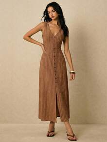 Poéselle Women's Casual Commuter Striped Front Button Sleeveless Dress, Summer - Brown - View 4