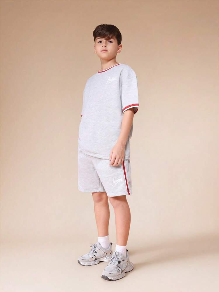 Boys Grey Heather Short Sleeve T Shirt And Matching Shorts Co Ord Set With Red White Contrast Ribbed Trim Details