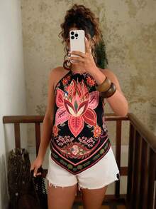 Travachic Plus Size Bohemian Casual Vacation Spring/Summer Tropical Beach Spaghetti Strap Sleeveless Loose Shoulder Strap Tank Top For Women - Black - View 4