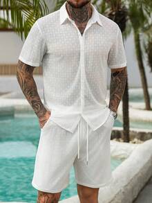 VENTUSAIL Men's Vacation Casual Solid Color Textured Shirt And Shorts Set,Men Old Money,Daily Leisure, Weekend Trips, Outdoor Activities, Travel Expeditions, Relaxed Work Environments Or Semi-Formal Occasions, Boyfriend/Husband Gift, Anniversary /Birthday Gift Party Summer Vacation Holiday,Wedding,Spring To Summer,Easter,Stylish Men's White Linen Blend Two Pieces Set Short Sleeve Lapel Collar Shirt And Drawstring Waist Shorts For Vacation - White - View 6