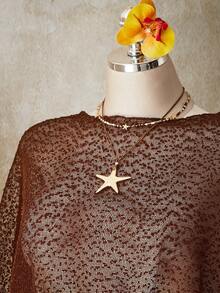 SHEIN ICON 大码 Y2K 棕色薄纱罩衫，百搭单品，海滩度假罩衫，休闲百搭 - 棕色 - 查看 4