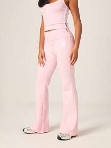 Missguided x Playboy Quần thể thao ống loe cạp cao màu hồng, kiểu dáng thoải mái, thích hợp mặc nhà, chất liệu nhung mềm mại, vừa vặn cho nữ. - Hồng - Xem 2