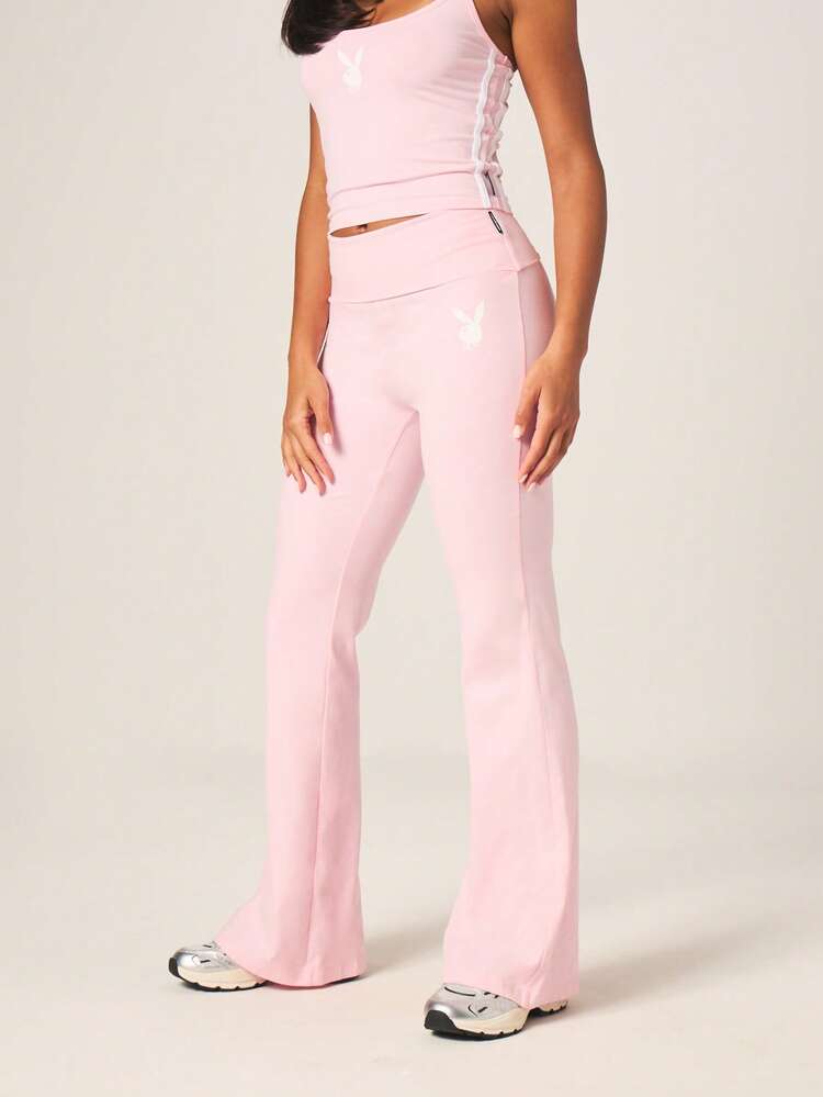 Missguided x Playboy Pink Fold Over Waist Flare Leg Track Pants Casual Loungewear High Rise Wide Leg Trousers Velour Sweatpants Women Comfortable Relaxed Fit