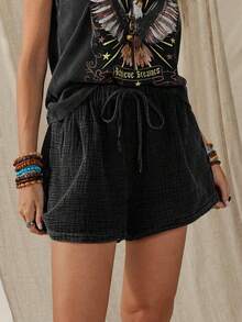 Wildy 波西米亚风音乐节休闲美式西部复古做旧短裤，适合女士春夏日常穿着、通勤，带口袋，休闲短裤，夏季女士短裤，科切拉音乐节夏季女士短裤，夏季女士休闲棉质短裤 - 黑色 - 查看 4