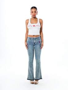 BABYPHAT 女士浅灰色罗纹吊带背心，饰有红色星星图案印花，圆领无袖露脐背心，夏季休闲款 - 淺灰色 - 查看 3