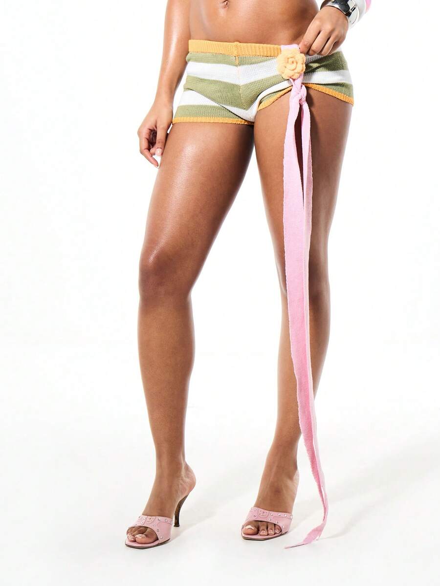 SUMWON WOMEN Quần short nữ dệt kim kẻ sọc, cạp cao, kiểu dáng mùa hè, năng động, họa tiết sọc nhiều màu, co giãn, ôm sát. - Nhiều màu - Xem 1