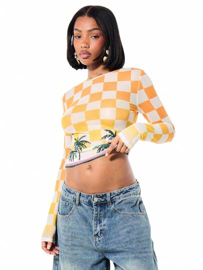 SUMWON WOMEN Rutig långärmad crop top med palmträdstryck och blandade mönster för kvinnor