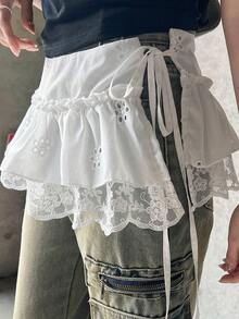 FRIFUL 女士棉质刺绣面料拼接蕾丝边可调节腰围多层裙摆半身裙 - 白色 - 查看 6