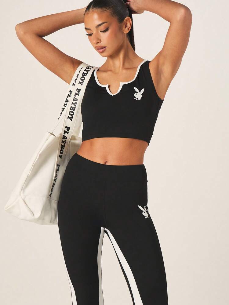 Missguided x Playboy Women Logo Notch Neck Tank Top With Contrast White Trim Activewear Athletic Crop Top