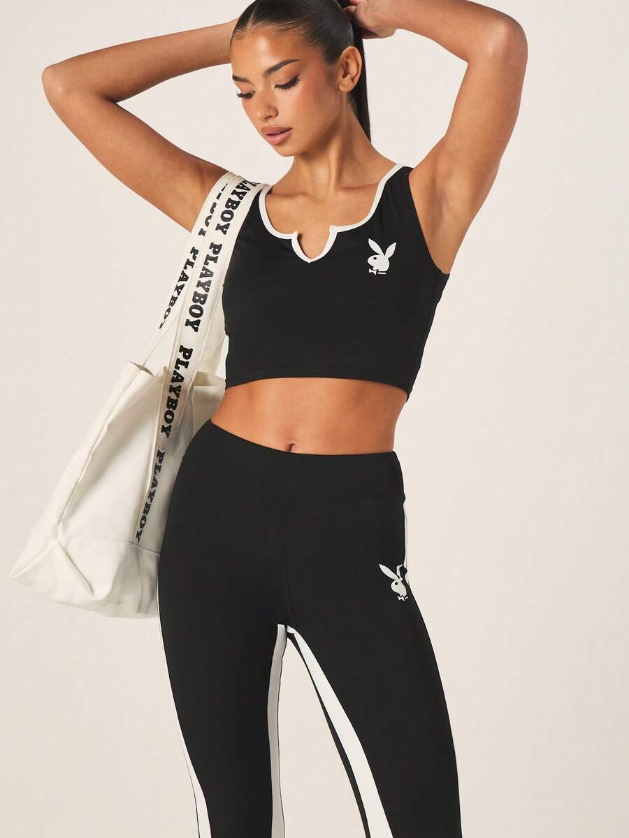 Missguided x Playboy 女士Logo V领背心，白色撞色滚边，运动休闲短款上衣 - 黑與白 - 查看 1