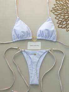 Swim Mod Bộ bikini hai mảnh màu trắng sữa với khóa kim loại hình trái tim, kiểu dáng yếm, thích hợp cho kỳ nghỉ xuân/hè bên bờ biển. - Nhiều màu - Xem 1