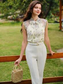 Vintamour 复古经典优雅女士衬衫，配缎带蝴蝶结刺绣花卉图案 - 杏色 - 查看 3