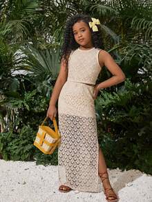 Conjunto de 2 piezas de top corto de punto y ganchillo y falda con abertura para niñas preadolescentes, ideal para vacaciones, festivales de música, estilo bohemio - Beis - Ver 4