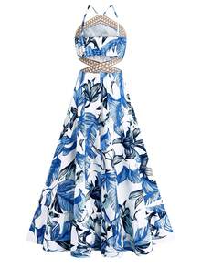 GlowEve 女士蓝白花卉、叶子和植物印花镂空腰身A字连衣裙，魅力优雅，适合日常、度假、通勤、约会、法式街头风、复古百搭风，春夏新款蓝白长款无袖吊带连衣裙 - 彩色 - 查看 2