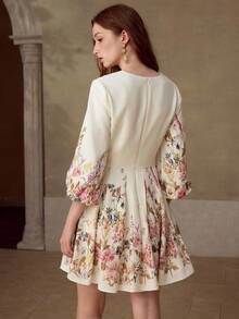 MOTF PREMIUM VESTIDO CASUAL DE MUJER DE MEZCLA DE LINO CON ESTAMPADO FLORAL, CUELLO EN V Y MANGA MEDIA - Multicolor - Ver 4