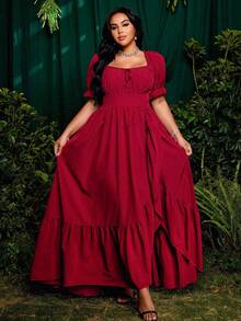 Roveilla Plus Size Square Neck Ruffle Trim Slit A-Line Dress, Burgundy, Elegant Vintage Style For Holiday, Party, Occasion - Burgundy - View 3