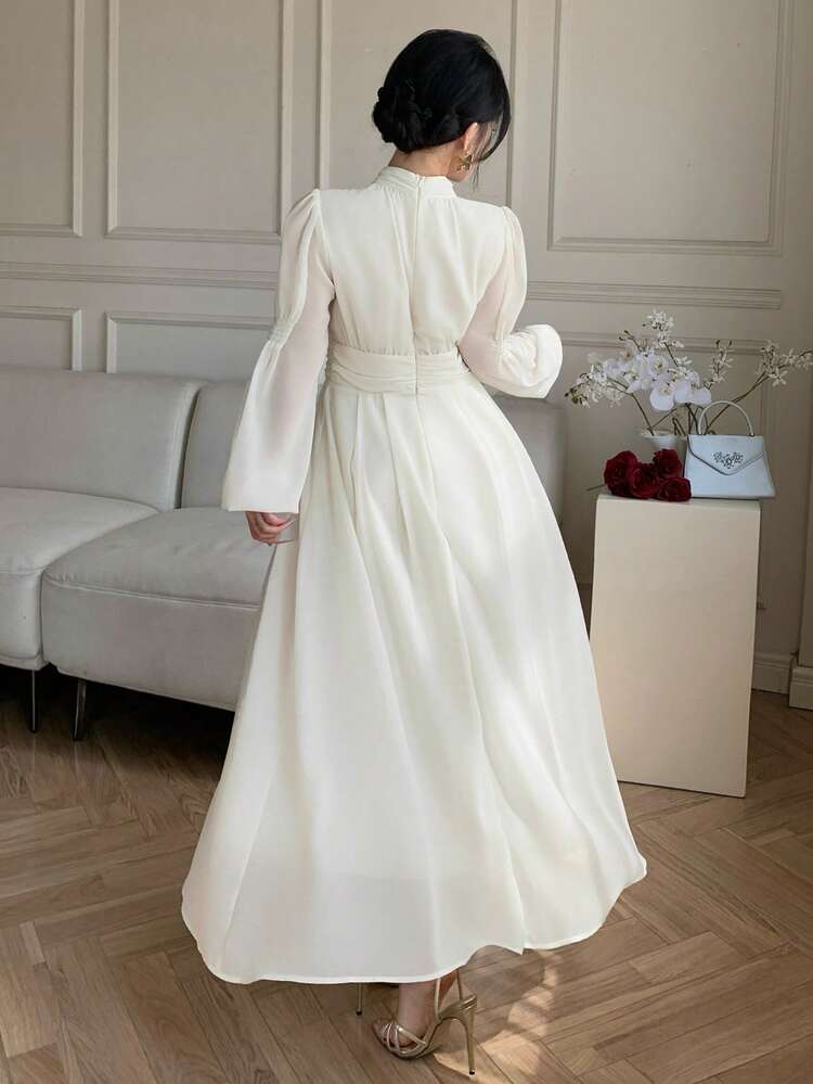 Women's Elegant Solid Color Pleated Stand Collar Petal Sleeve Mid-Length Dress, Spring/Summer Sun Dresses For Women