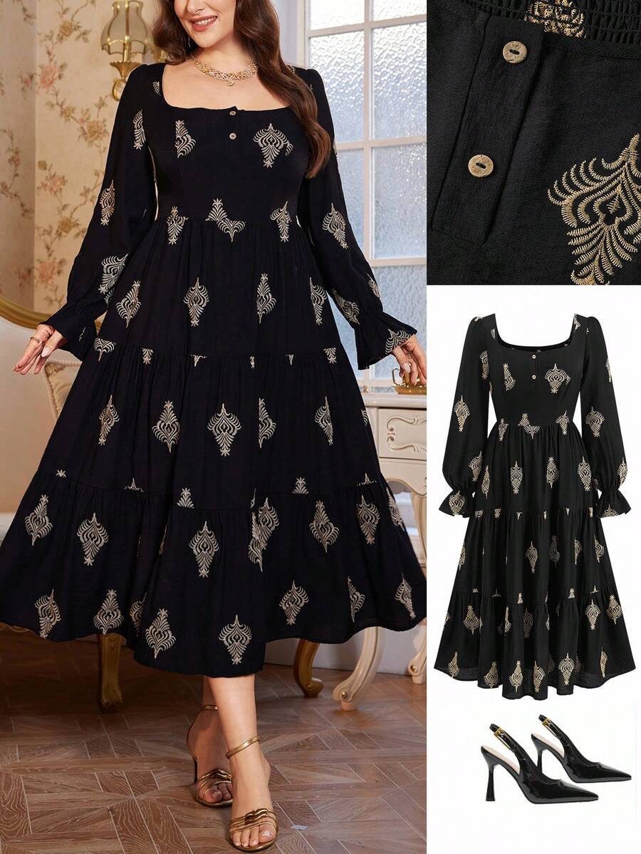 Ellevyn 大码女式花卉刺绣方领喇叭袖荷叶边下摆优雅连衣裙