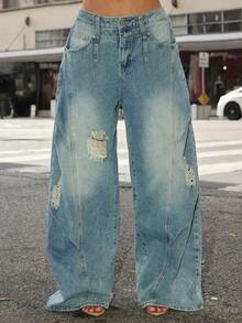 Denimoi Women's Casual Fashion Street Daily Commute Distressed Washed Loose Wide-Leg Denim Jeans - Blue - View 1
