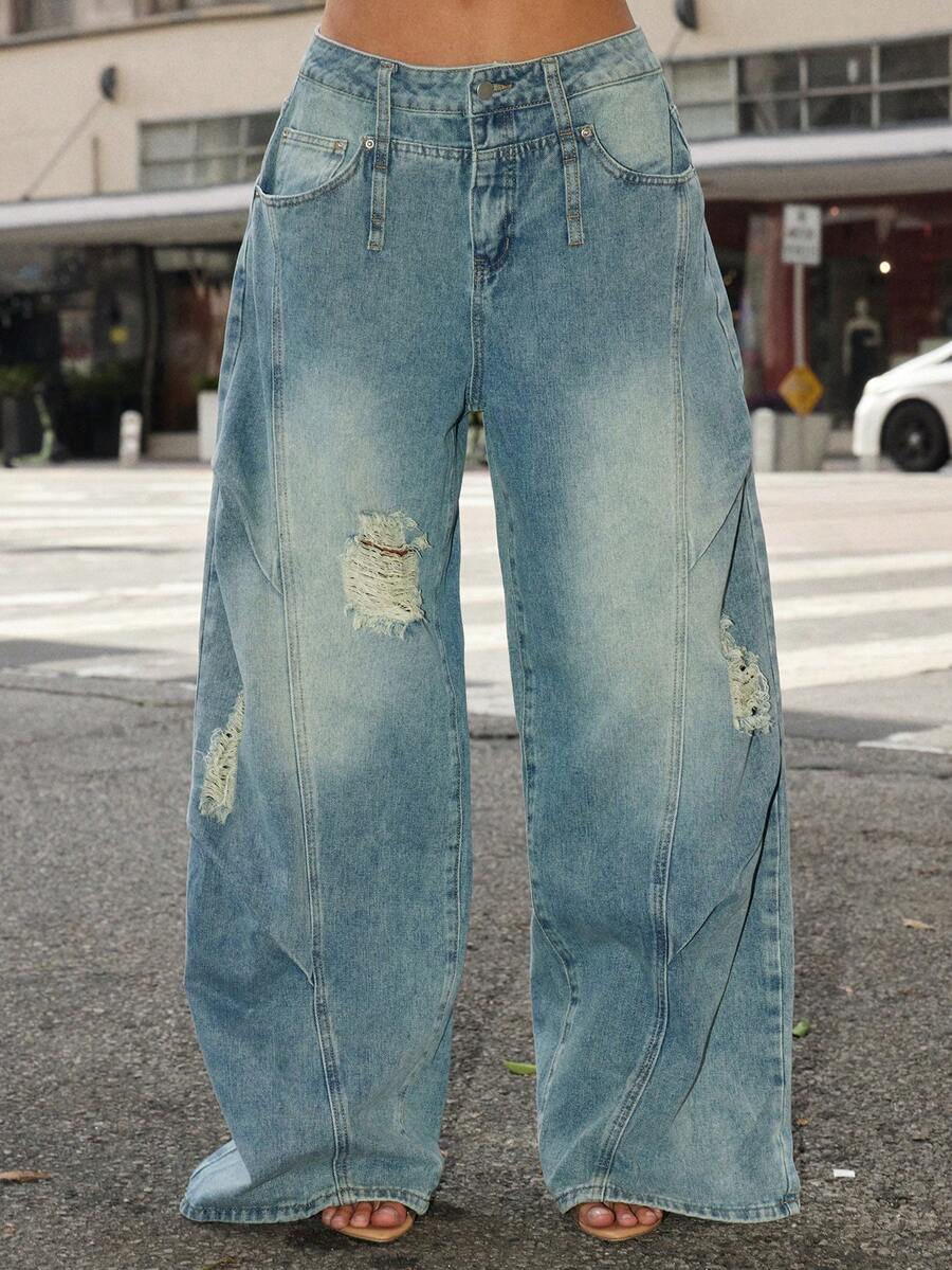 Denimoi Women's Casual Fashion Street Daily Commute Distressed Washed Loose Wide-Leg Denim Jeans - Blue - View 1
