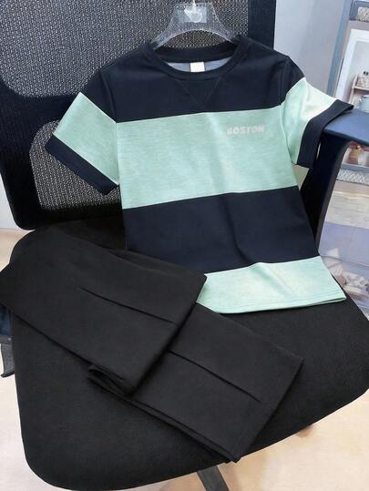 SHEIN 2pcs Kids Tween Boy Casual Versatile Striped Pattern Round Neck Patch Pullover Short-Sleeved T-Shirt Solid Color Loose Trousers Knitted Two Pieces Suit Suitable For School, Garden, Beach, Birthday Spring, Summer, Autumn And Winter Fall, Winter Season Summer Y2k Vacation Goth Gothic Streetwear Sumwon Burgundy Holiday Vintage Boho Festival Gras Party Cute Birthday Boys Modest Home Casual Cozy