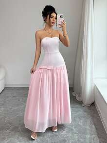 Elenzga Women's Elegant Strapless Bow Decor Satin & Chiffon Patchwork Fitted Midi Dress, Fashionable Ladylike Attire For Dates And Parties, Light Pink - Baby Pink - View 1