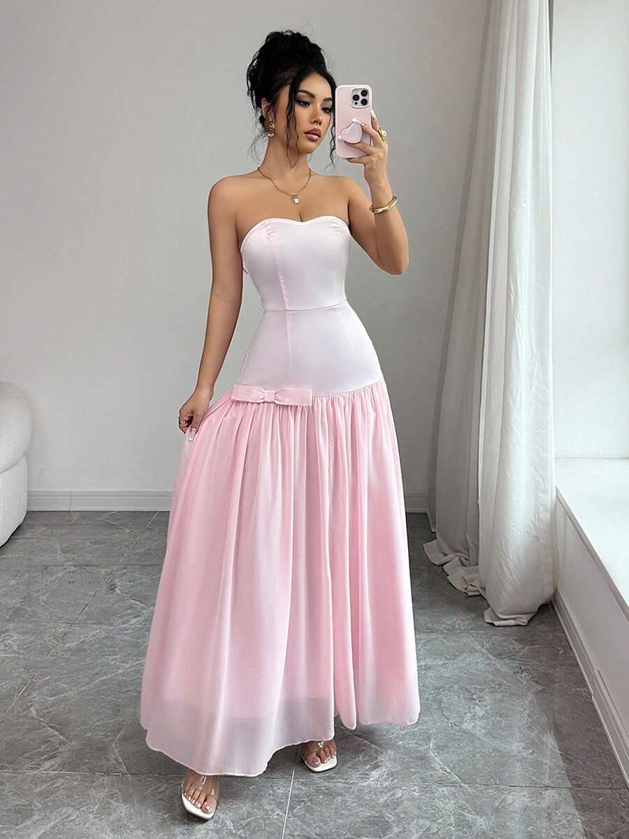 Elenzga Women's Elegant Strapless Bow Decor Satin & Chiffon Patchwork Fitted Midi Dress, Fashionable Ladylike Attire For Dates And Parties, Light Pink - Baby Pink - View 1