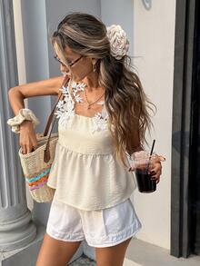 SHEIN PariChic French Cream-Apricot Tank Top With 3D Rose Lace Shoulder Sleeves,Ruffled Hem Babydoll Tops,Blue And White Stripe,Summer,Elegant,Tea Party,Holiday - Apricot - View 4