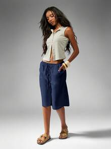 MISSGUIDED Women Navy Linen Feel Look Drawstring Long Bermuda Shorts With Elastic Waistband Casual Summer Relaxed Fit - Blue - View 5