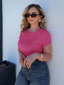 Jeta Ari Kaos Wanita Lengan Pendek Kasual Longgar Musim Panas Warna Polos Bordir Hati - Hot Pink - View 5