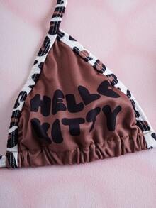 HELLO KITTY AND FRIENDS | SHEIN 女士卡通字母豹纹露背系带文胸和内裤套装 - 棕色 - 查看 4