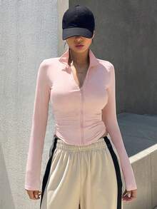 DAZY Áo khoác thể thao ôm dáng mới dành cho nữ mùa thu, có khóa kéo phía trước. - Hồng - Xem 5