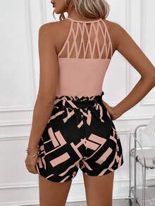 Conjunto de 2 piezas  Clasi para mujer, camisola amarilla con diseño geométrico hueco y pantalones cortos con bolsillos, conjuntos de verano - Verde Oscuro - Ver 9