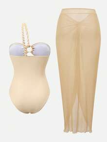 Swim Oasis Women's Hollow Out One-Piece Swimsuit Cover Up & Skirt For Beach Vacation Women's Swim Costume Women Two Pieces Beach Outfit For Women Summer Swimsuit Woman Two Pieces Outfit Women's Holiday Co Ord - Champagne - View 6