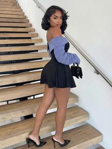 Alexandranx 女式学院风简约性感露肩高腰撞色设计修身迷你连衣裙，秋冬 - 彩色 - 查看 6