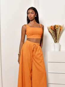 Mima John 全新夏季度假休闲鱼骨吊带上衣和阔腿裤带口袋两件套，纹理面料服装 - B - 橘色 - 查看 6