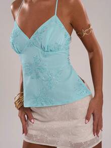 SHEIN BAE 春夏纯色绿色吊带优雅串珠花卉露背系带吊带背心，度假亮片吊带背心，适合海滩度假，露背性感绿色亮片串珠吊带背心，适合海滩度假、海滩音乐节，厚面料 - 綠色 - 查看 2