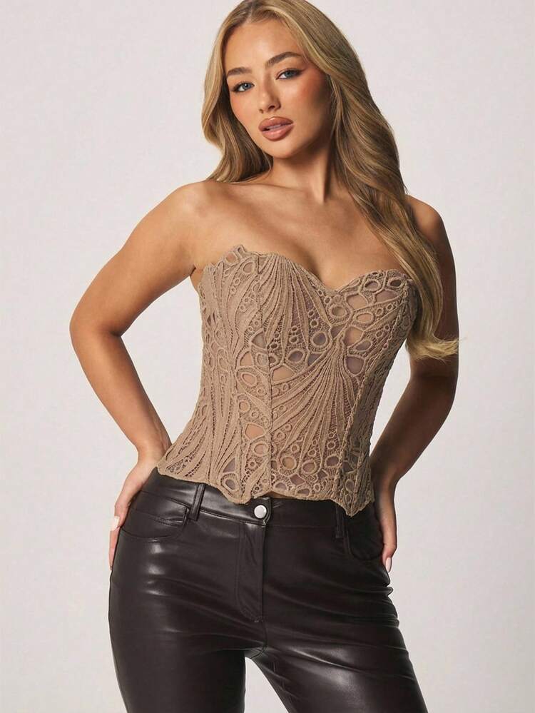 MISSGUIDED Women Strapless Lace Corset Top Sweetheart Neckline Bustier With Back Lace Up Detail For Date Night Party Evening Occasions