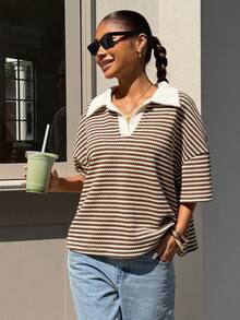 Muchica 女士休闲宽松条纹落肩T恤，夏季 - 彩色 - 查看 5