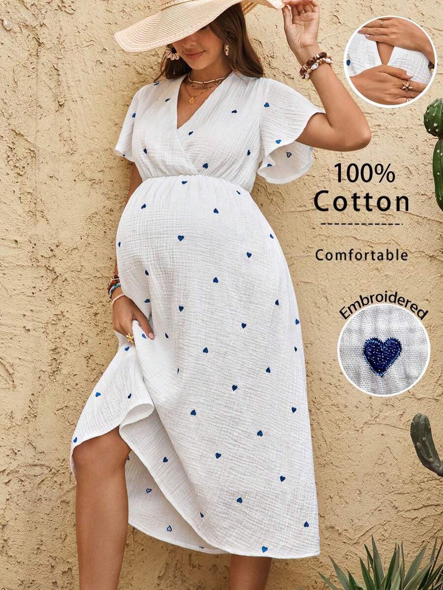Boho Mama 哺乳V领爱心印花休闲短袖连衣裙 - 白色 - 查看 1